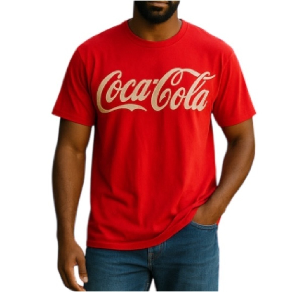 COCA COLA Men's Graphic Logo T-Shirt Red Crewneck Short Sleeve Cotton Size L